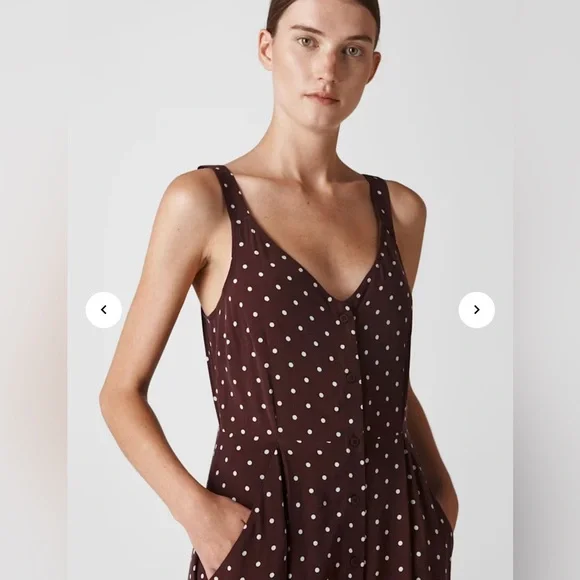 whistles burgundy polka dot dress Burgundy Spot Satin Maxi Dress with Sleeve – Me&B main image 0